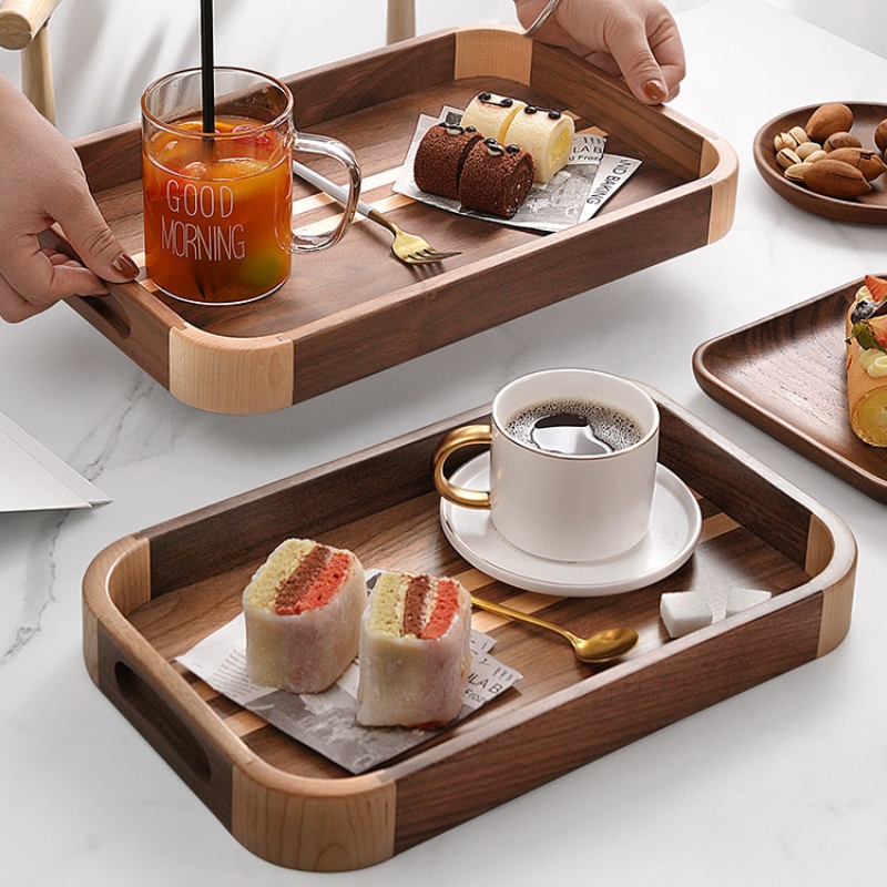 Set of 3 Wooden Serving Tray with Carved Handle